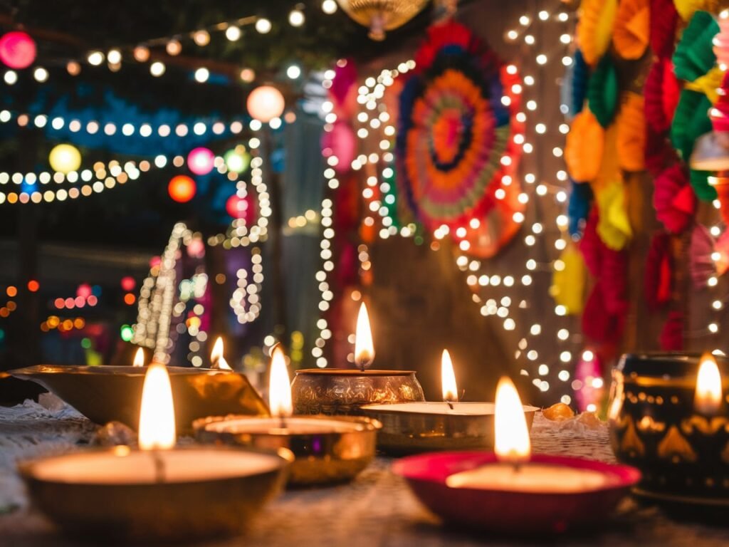 "Beautifully lit diyas symbolizing the light of Diwali."