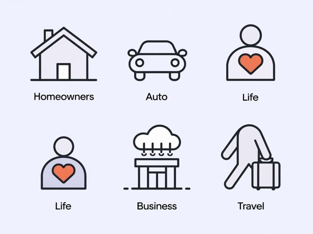 "Illustration showing different types of insurance coverage: health, life, auto, home, and disability protection."