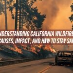 "Smoke rising from a wildfire in California with a fiery orange sky, highlighting the severity of the disaster and the need for safety and preparedness."