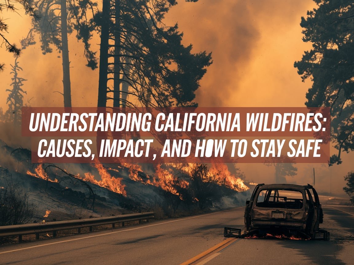 "Smoke rising from a wildfire in California with a fiery orange sky, highlighting the severity of the disaster and the need for safety and preparedness."